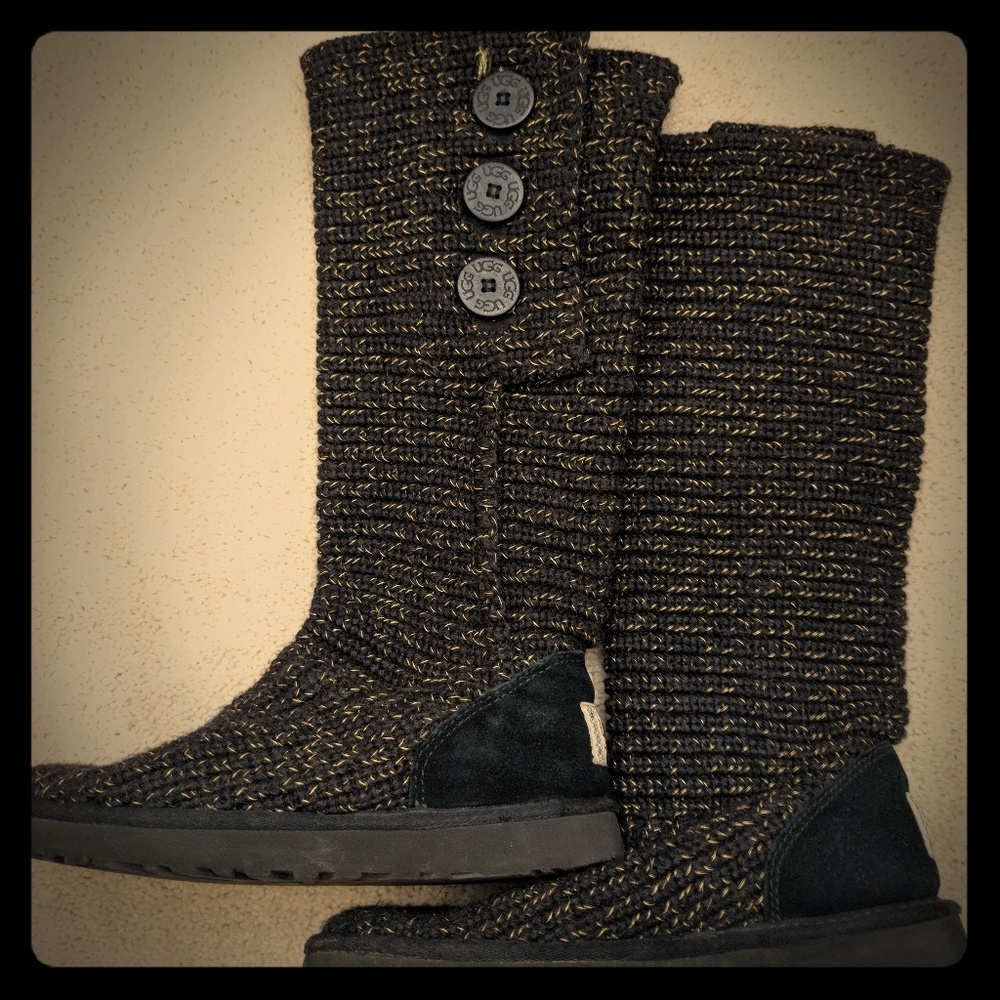 UGG Cardy Knit Boots Black Metallic Stitch 7 7.5